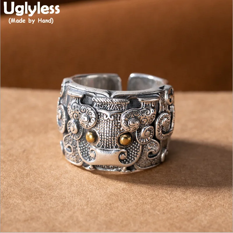 

Uglyless Solid 990 Full Silver Cow Cattle Rings for Men Cool Animals Embossed Vintage Jewelry Thai Silver 18MM Wide Finger Ring