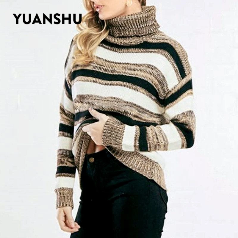 YUANSHU Casual Stripe Women Sweater 2019 Autumn Winter Turtle Sweaters Female Warm Knitted Pullover Jumper Fashion Knitwear | Женская