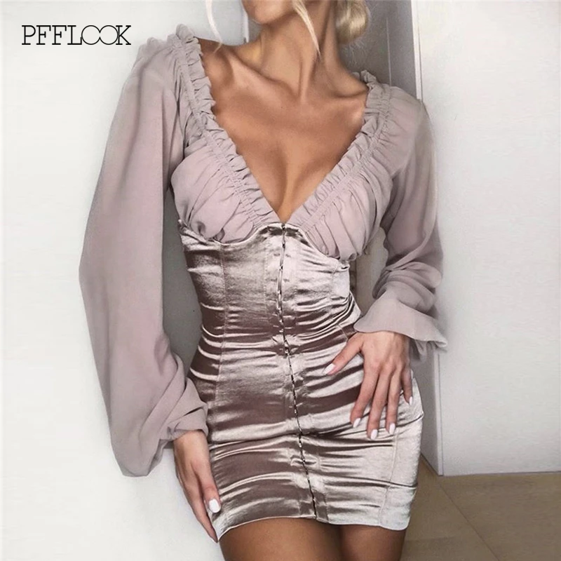 PFFLOOK, шифоновое платье в стиле ампир, женское,, с открытыми плечами, элегантная драпировка, мини, облегающее платье, свободный рукав, весна-лето, платье Vestidos
