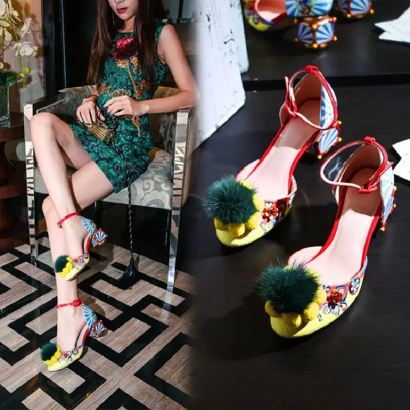 Koovan Women Sandals 2020 New Retro National Style Women's Shoes 3D Color Printing Pompom High Heeled Bridal Wedding | Обувь