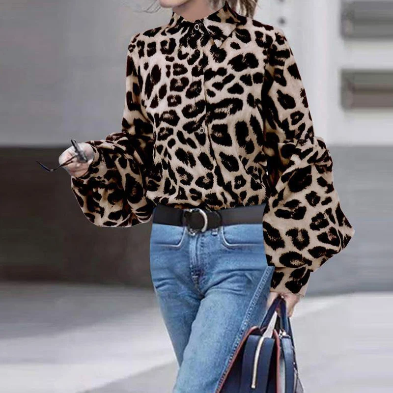 

Женская Офисная рубашка с леопардовым принтом, однобортная рубашка в горошек с отложным воротником и длинными рукавами-фонариками, Повседн...