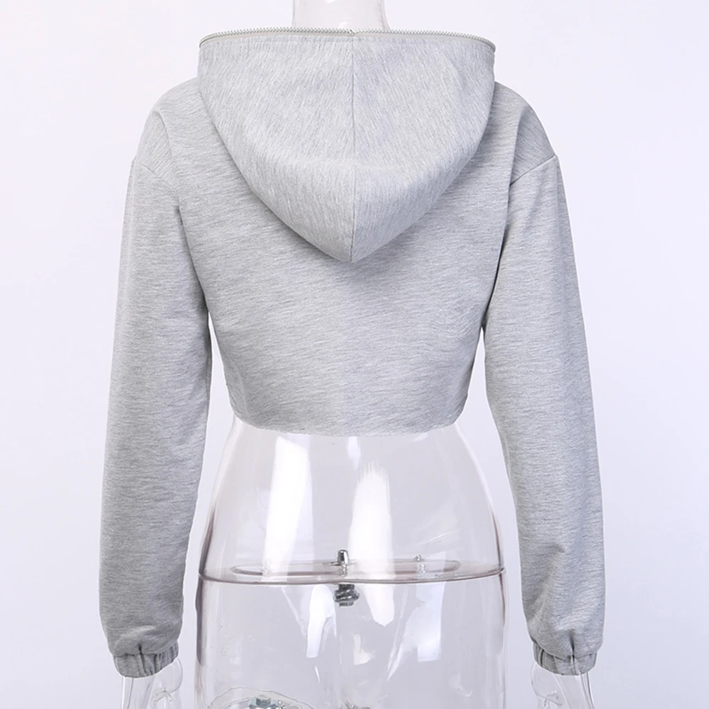 Серые укороченные толстовки на молнии спереди с длинным рукавом для женщин весна