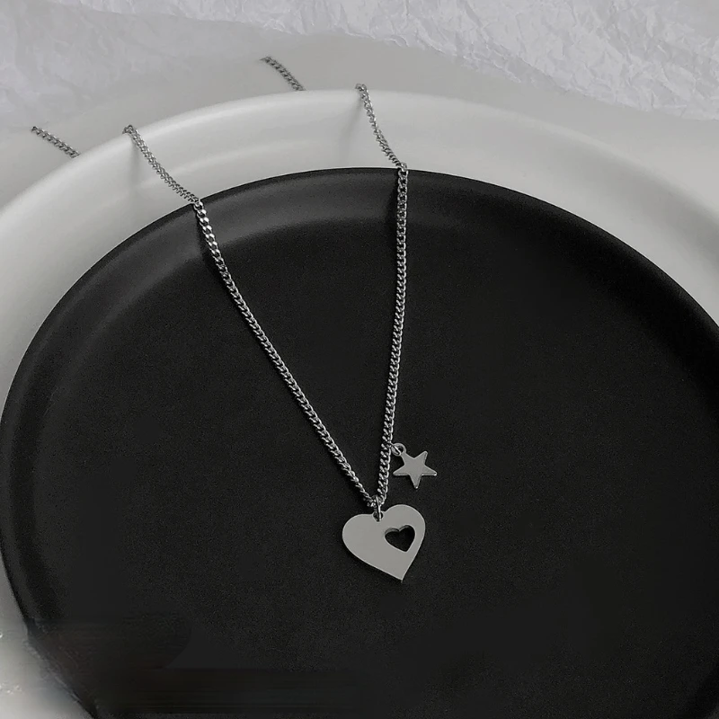 

U-Magical Charming Love Heart Titanium Steel Pendant Necklace for Women Asymmetry Hollow Out Star Metal Chain Necklace Jewelry