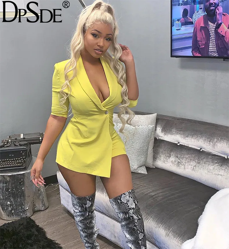 DPSDE Yellow Age Reduction Bodycon Playsuit V-Neck Full Sleeve Women Party Collect Waist Autumn New 2020 Sexy Catsuit | Женская одежда