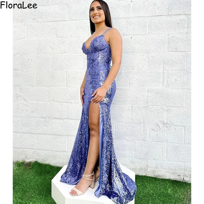 

Glitter Evening Dresses V-Neck Spaghetti Straps Side Slit Sequins Mermaid Evening Dresses Fast Shipping Event Dresses Zipper