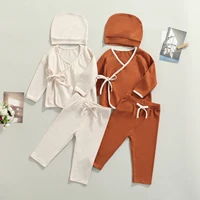 3pcs babys sets long sleeves tied tops elastic trousers solid color hat toddler girls boys spring autumn clothing 0 18 months