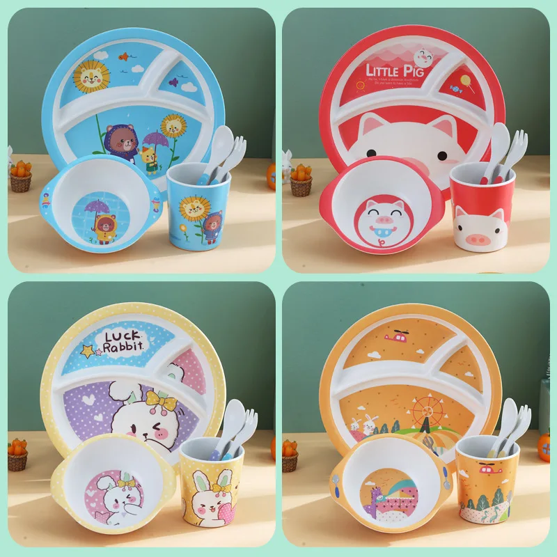 

Bamboo Fiber Children's Tableware Set Baby Dividing Plate Round Three Grid Plate Cartoon Rice Bowl Mother and Baby Gift