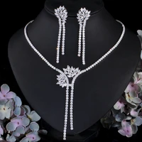 threegraces 2022 new sparkling cubic zirconia crystal long dangle drop earrings necklace party dress jewelry set for women tz681