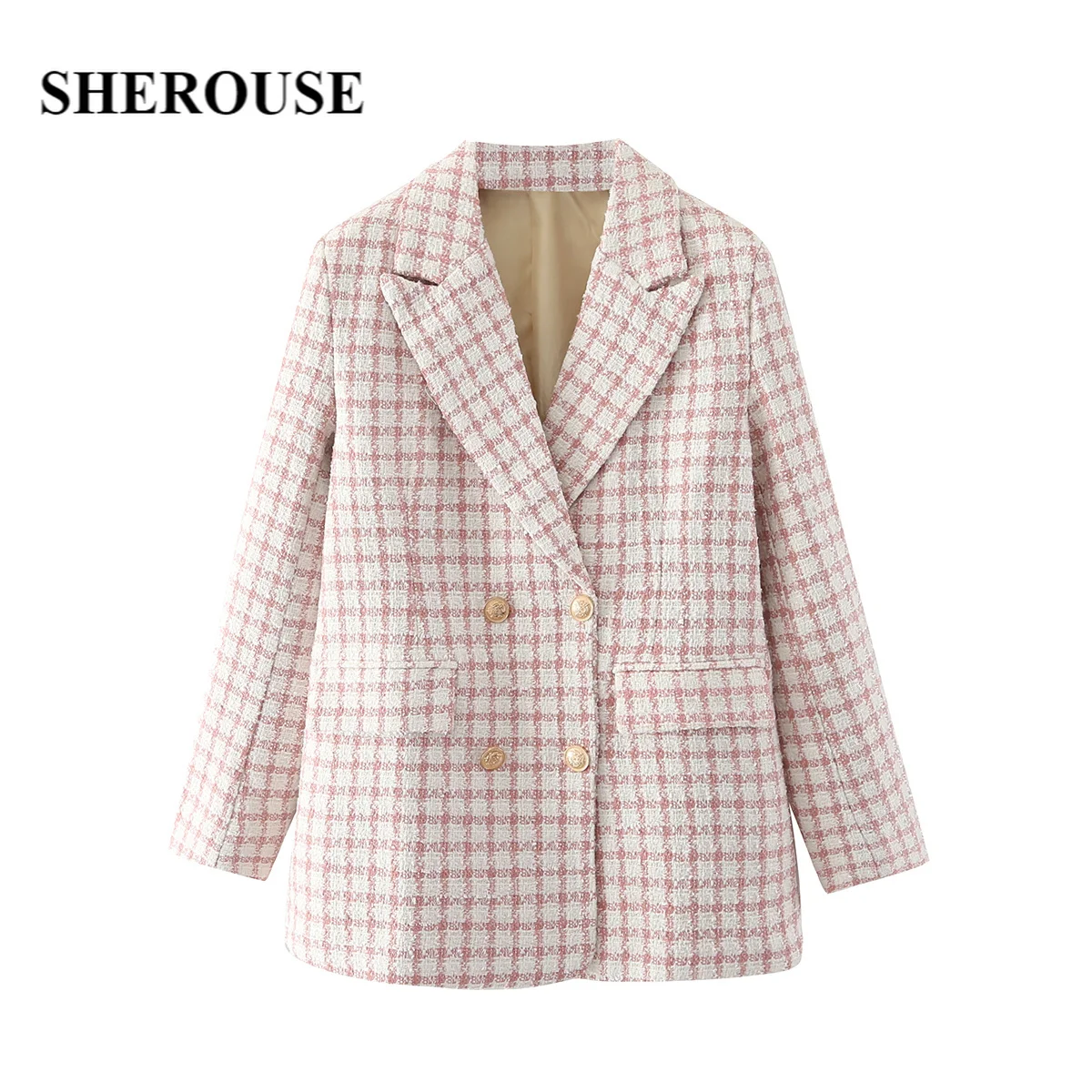 

Sherouse Women Fashion Plaid Double Breasted Blazer Vintage Notched Neck Long Sleeves Female Suit veste femme
