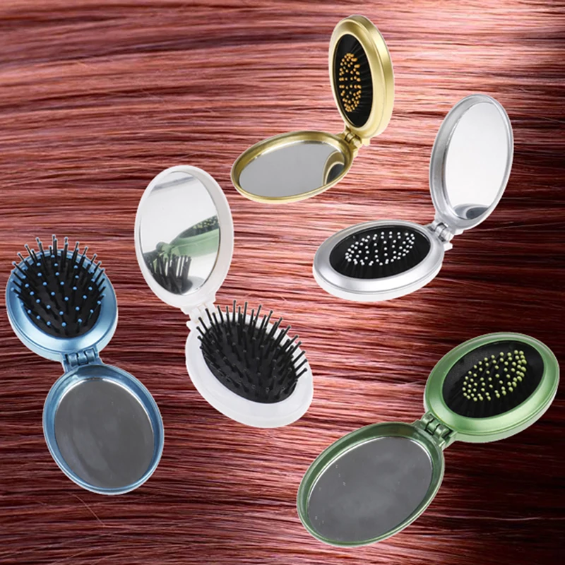 

1PC Portable Round Pocket Small Size Travel Massage Folding Comb Girl Hair Brush With Mirror Styling Tools
