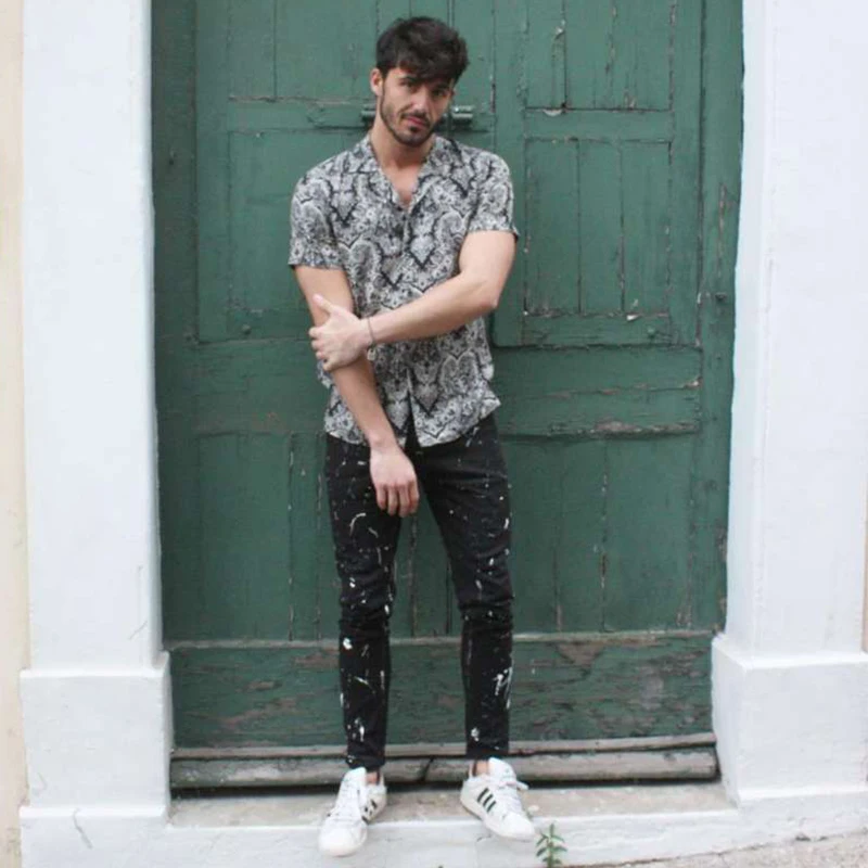 Рубашка мужская с принтом короткий рукав подол свободная Повседневная блуза