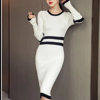 spring autumn women knitted dress midi bodycon long sleeve slim pullover o neck white knit dresses female korean casual dress