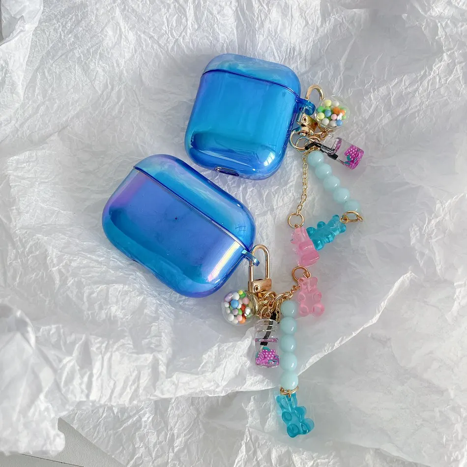 

Color Plating Blue Earphone Case For AirPods 2/1 airpod Earphone Cover For AirPods Pro 3 Headset Case with Wishing Bottle Chain