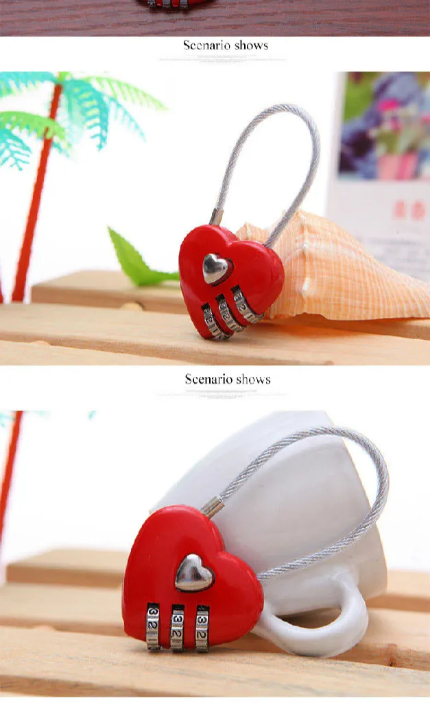Навесной замок в форме сердца 3 знака безопасности маленький цвет красный милый