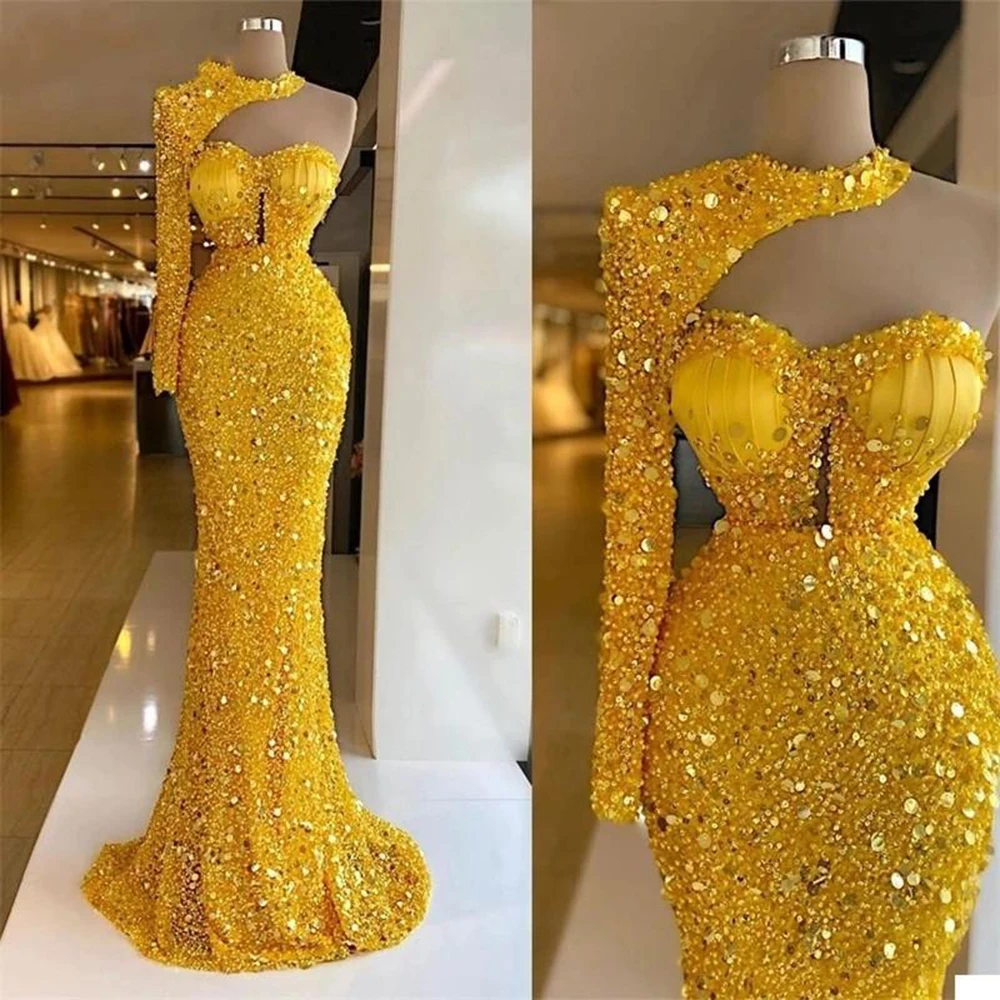 

Glitter Shinny Gold African Evening Dress One Shoulder Abendkleider Sweetheart Mermaid Prom Gowns Plus Size Robe De Soriee