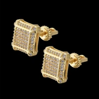 hip hop pure gold plating earrings ice out stud earring cubic zironia stone square 12mm earrings for men women girl fine jewelry