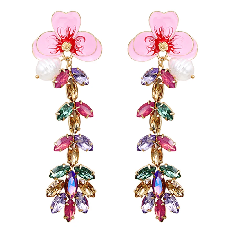 

ZHINI New Fashion Imitation Pearls Color Crystal Long Earrings for Women Simple Charming Colorful Flower Drop Earring Jewelry
