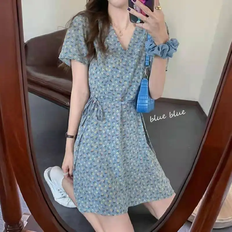 

Women's Floral Printed Short Dress Chiffon French Style V Neck Short Sleeve High Waist Slim Style Dress for Summer XIN-Shipping