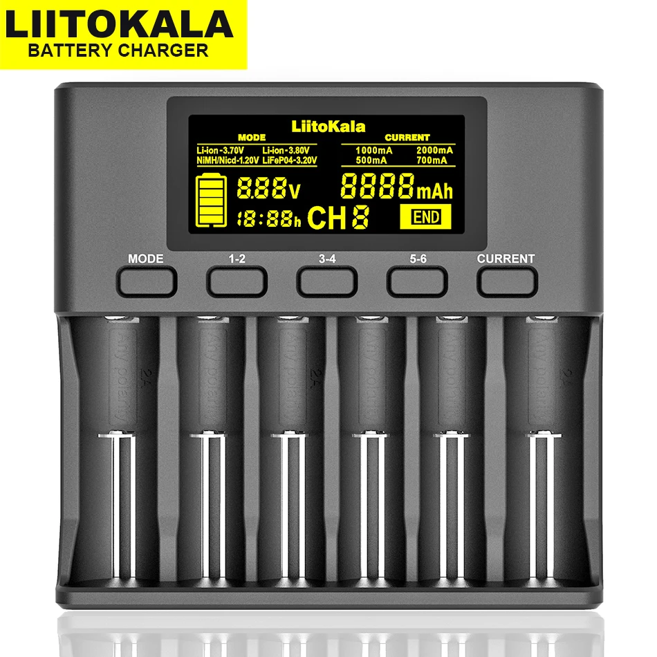 

LiitoKala Lii-S6 Battery Charger 18650 Battery Charger 6-Slot Car-Polarity Detect For 18650 26650 21700 32650 AA AAA Batteries