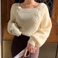 women fall winter square collar thick sweater pullover vintage female loose knitted long sleeve jumper tops pull femme