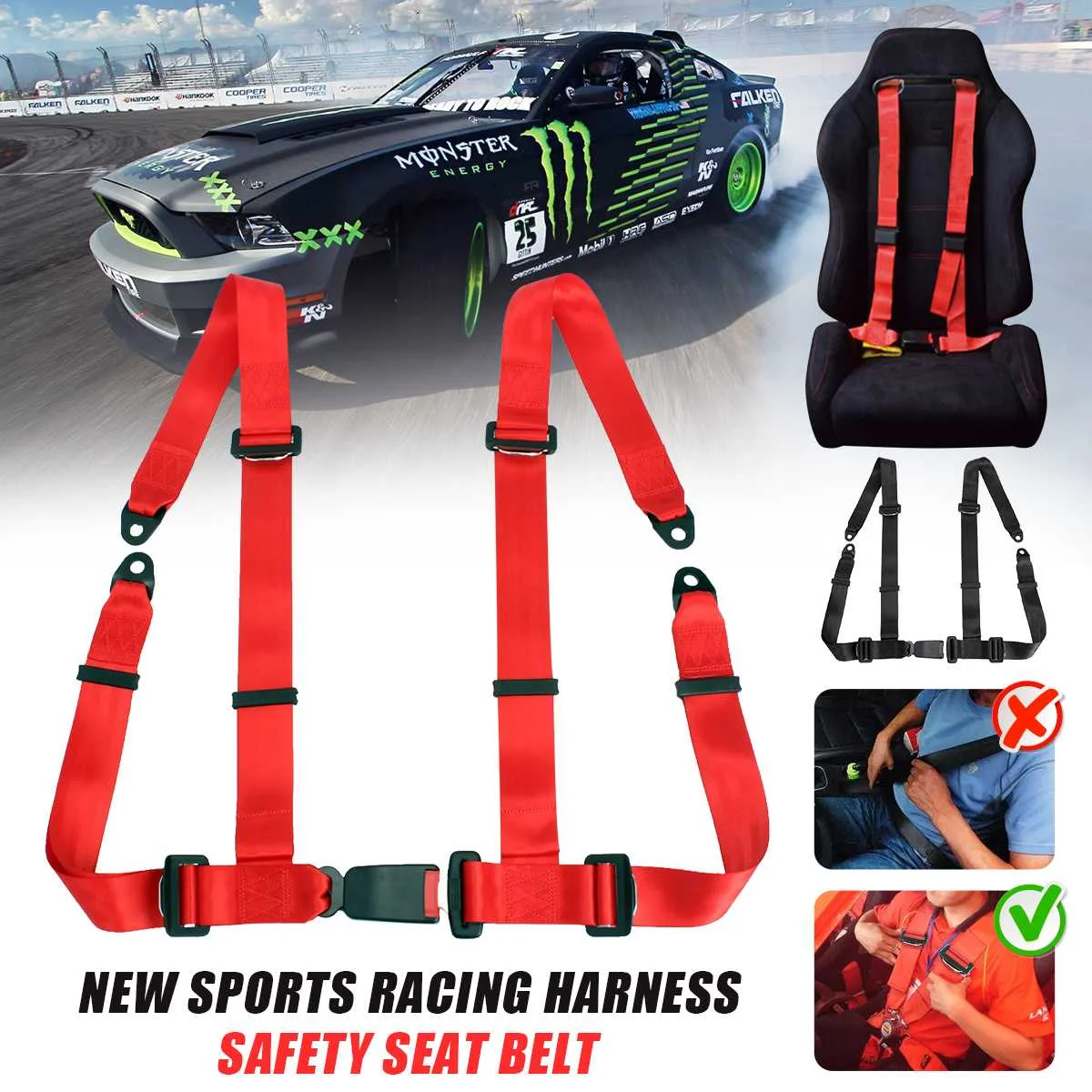 

Sports Racing Harness Seat Belt 3 4 Point Fixing Mounting Quick Release Nylon Car Safety Racing Seat Belt Black Red