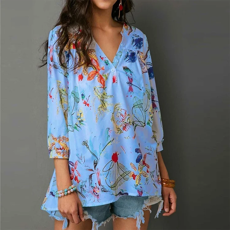 

Classics Comfort Long Sleeve Cute sexy Blouse Shirt Floral Printed V-neck Summer Women's Casual Tank Tops