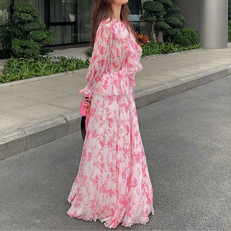 

Early Autumn Women Pleated Maxi Dress Pink Ruffles Long Sleeve Autumn 2020 Female Long Dress