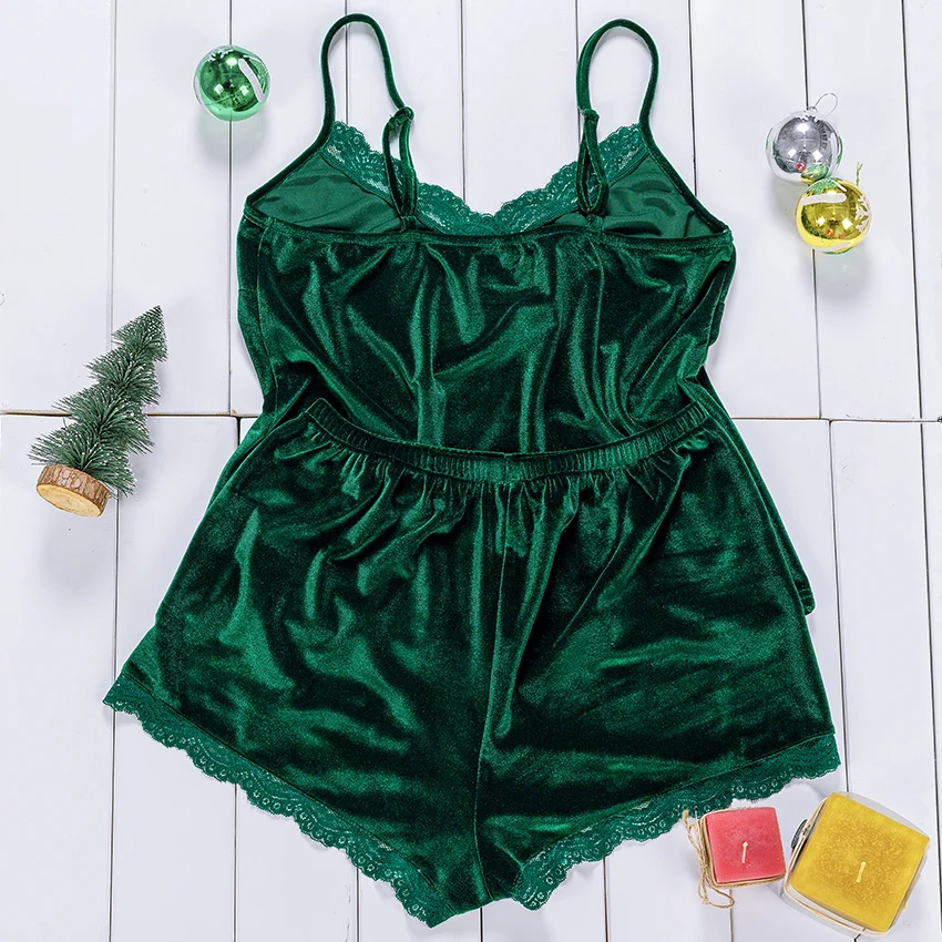 Зеленая однотонная Рождественская Пижама с кружевом и v-образным вырезом без