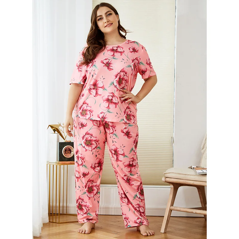 3XL 4XL Plus Size Women Summer Nice Flowers Printing Pajama Sets Trousers Cool Pajamas Soft Pyjamas Sleepwear Autumn Homewear