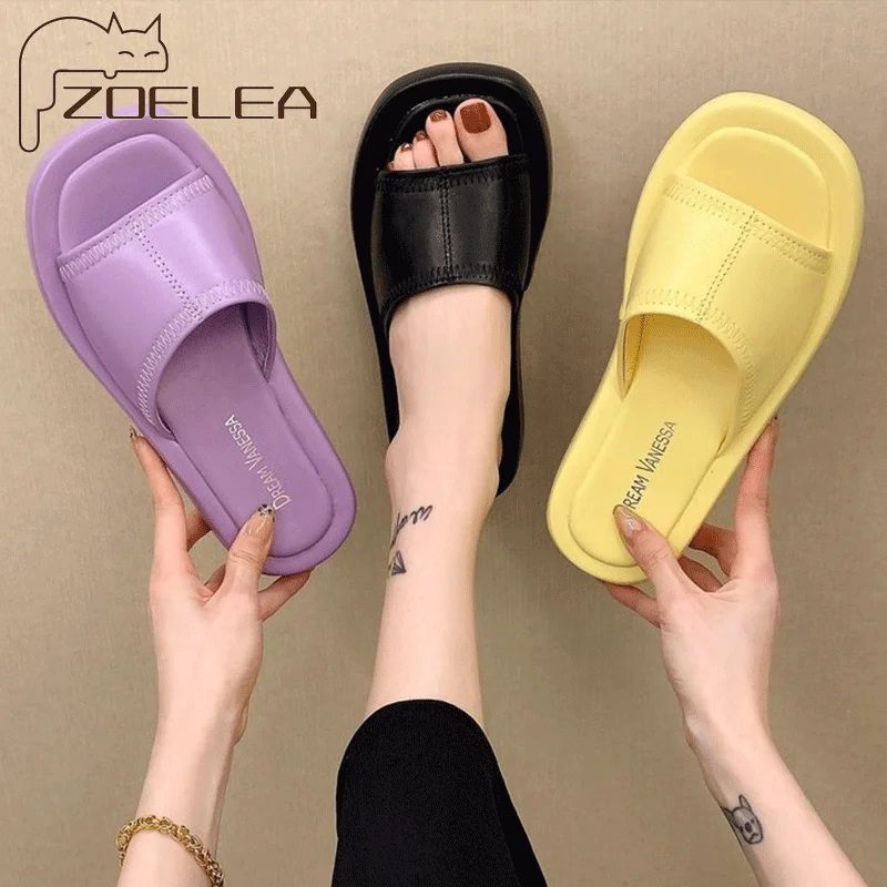 

ZOELEA Women Summer Slippers 3.5cm Heel Fashion Flats Shoes 2021 New Candy Colour Slippers Non-slip Black Basic Flat Slip On