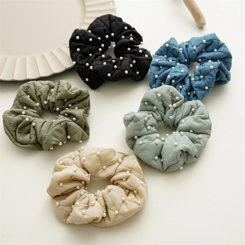 

Down Fabric Pearls Scrunchies Women Elastic Large Intestine Hair Ring Girls Ponytail Holder Hair Ties Rope Hair Accessories