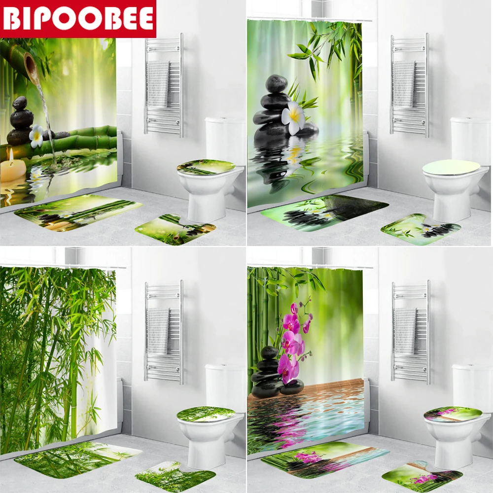 Черная занавеска для душа из дзен-камня бамбуковый лес озеро зеленое растение