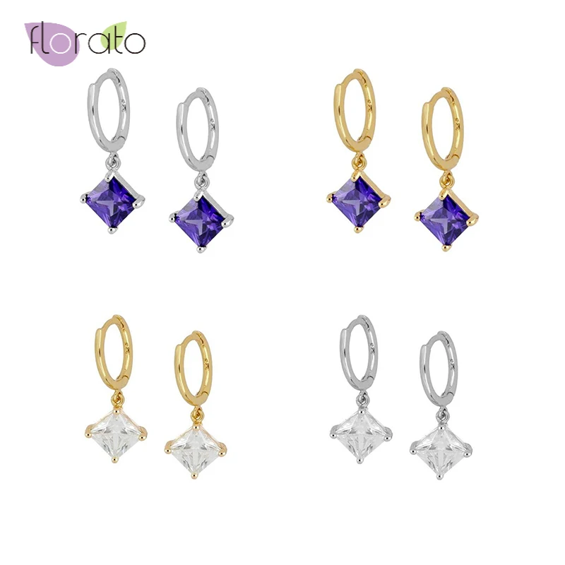 

925 Sterling Silver Ear Buckle Hoop Earrings for Women White/Purple Square Zircon Pendant Earrings Silver Fashion Jewelry