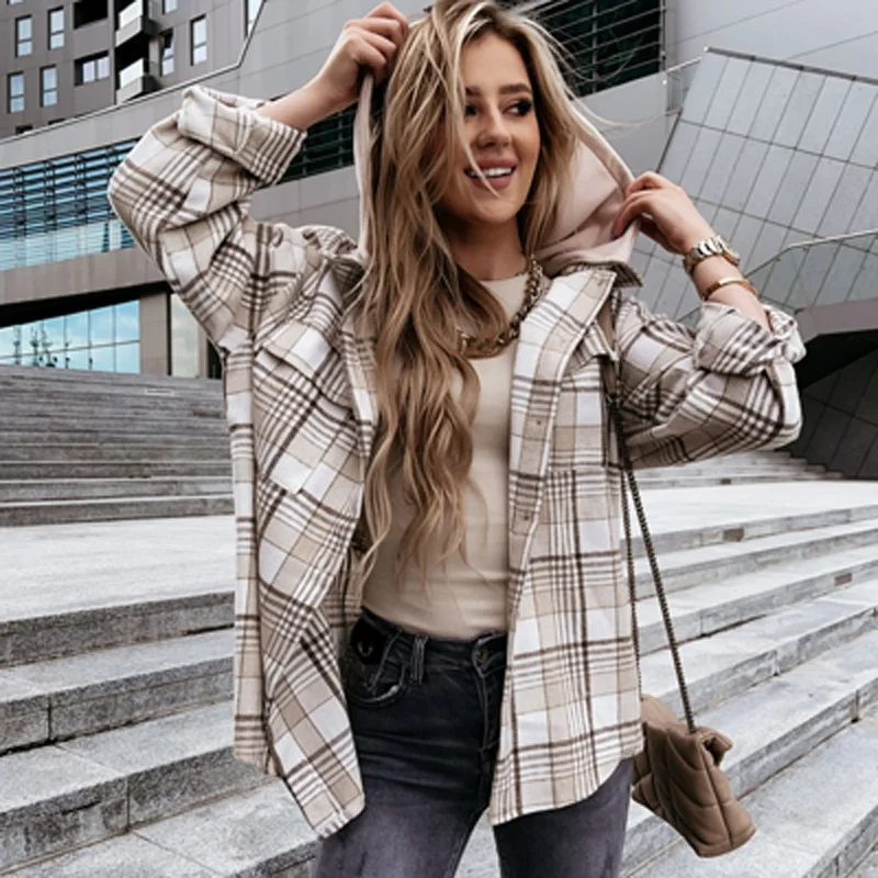 

Vintage Plaid Print Hooded Coat Jackets Spring Autumn Long Sleeve Loose Outwear Cardigan Casaul Single Breasted Button Women Top