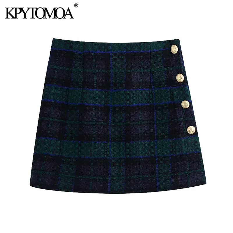 

FAKUNTN Women 2021 Chic Fashion With Buttons Tweed Mini Skirt Vintage High Waist Back Zipper Female Skirts Mujer