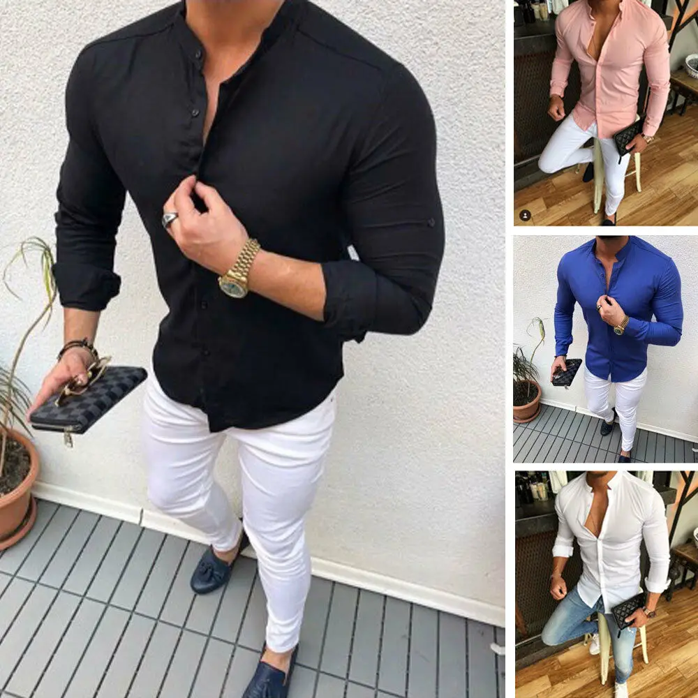 

Hot Fashion Men's Linen Cotton Button Long Sleeve Slim Fitness Shirt Slim Fit Casual Male Shirts Pure Color Blouse Tops