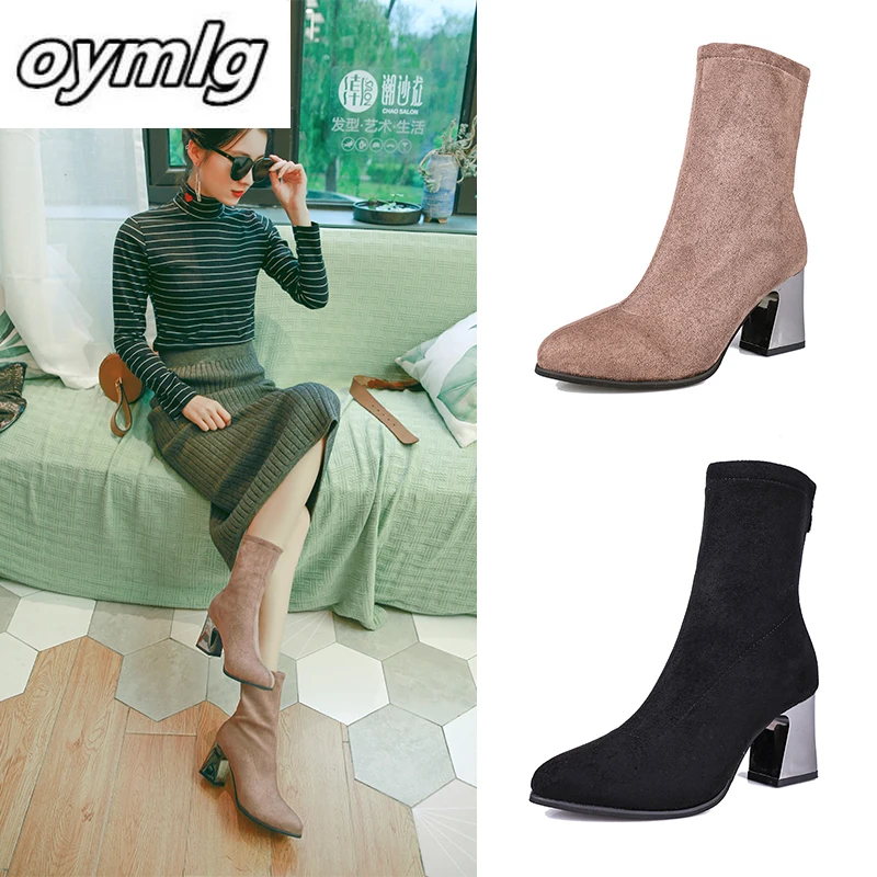 

Winter boots 2020 new ladies pointed thick with wild Flock boots women fashion comfortable plus cotton warm Zip boots mujer