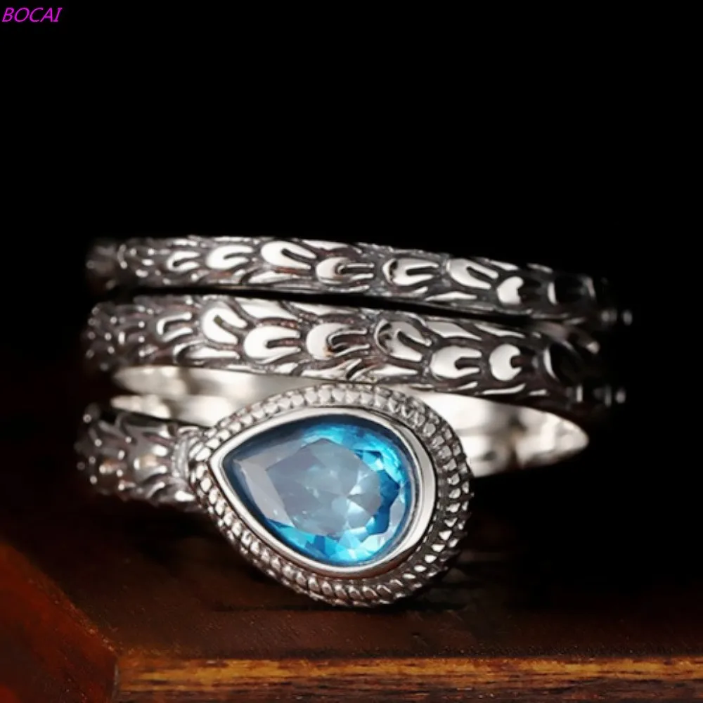 

BOCAI S925 sterling silver rings jewelry personality feather opening women's adjustable fashion retro Thai silver rings