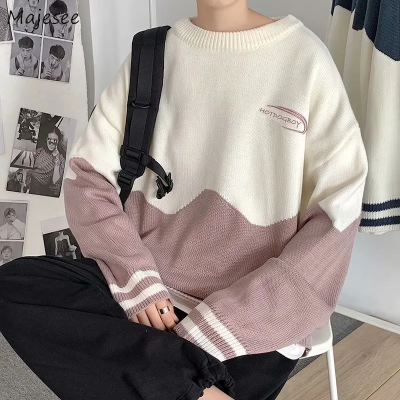 

Pullovers Men Patchwork Sweaters Warm Soft All-match Long Sleeve O-neck Loose Casual Student Winter Knitted Tops Ulzzang Fashion