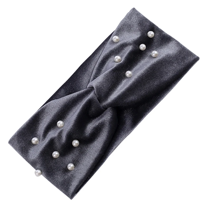 

Women Velvet Shiny Solid Color Headband Vintage Twisted Knotted Wide Hair Band Imitation Pearl Sports Turban Ear Warmers