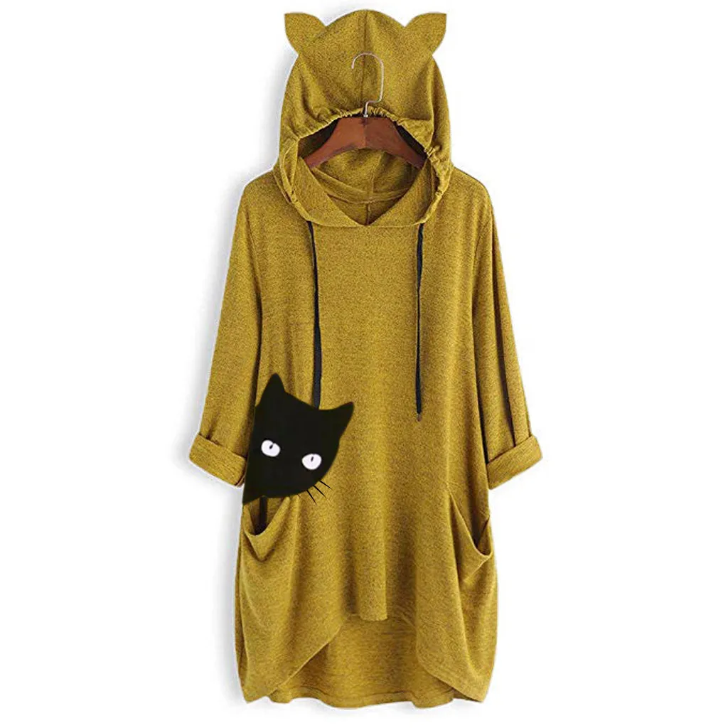 Kawaii Kat Oren/блузка с принтом Vrouwen, топы, толстовки, Толстовка Herfst с капюшоном Zakken Dames, Uitloper Jassen, плюс размер# YL5