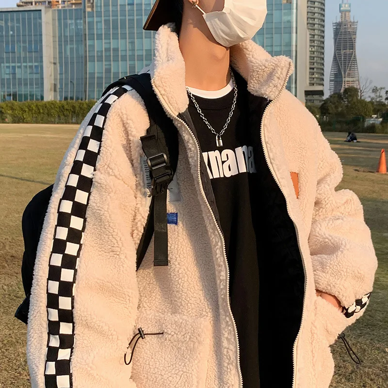 Men's Fashion Imitation Lamb Wool Coat Plus Velvet Thick Plaid Stitching Cotton Clothing Ins Trend Couple Warm Winter Jacket