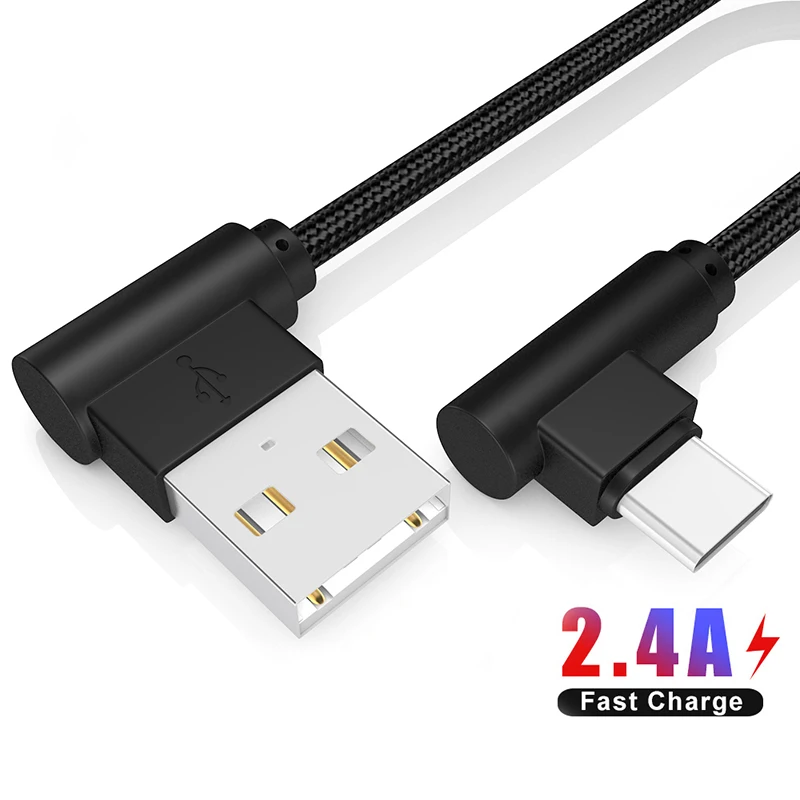 Нейлоновый Плетеный USB Type C коротким 2.4A Быстрый зарядный кабель 20 см локоть 90