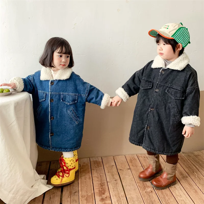

Girls Baby's Kids Coat Jacket Outwear 2021 Jean Warm Plus Velvet Thicken Winter Autumn Buttons School Fleece Children's Clothes