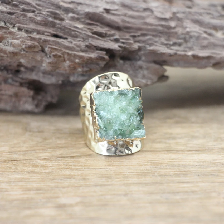 

New! Natural Green Quartz Geode Druzy Ring Healing Crystal Drusy Stone Adjustable Golden Bands Ring Fashion Women Jewelry,QC4090