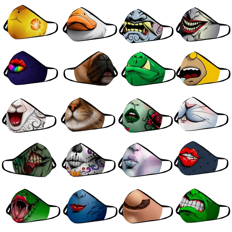 

20 Styles Adult Halloween Anime Funny Clown Skull Print Face Mask Insertable Filter Washable Decorative Mouth Cover