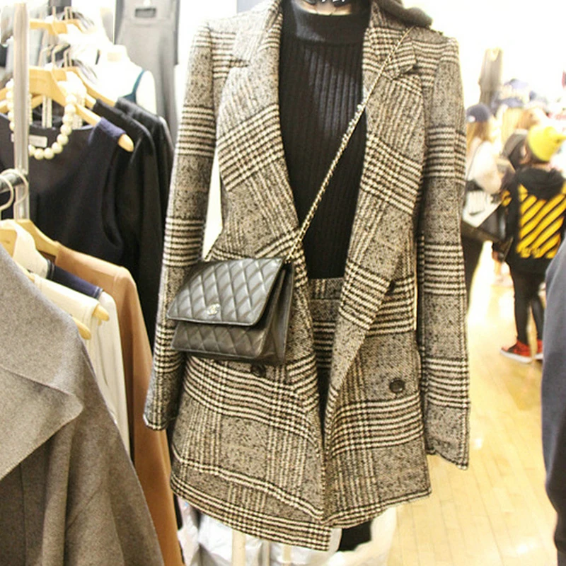Блейзеры женские модные ретро двубортные клетчатые элегантные костюмы женские трендовые с длинным рукавом тонкие дамские зубчатые Досуг Роскошный Блейзер