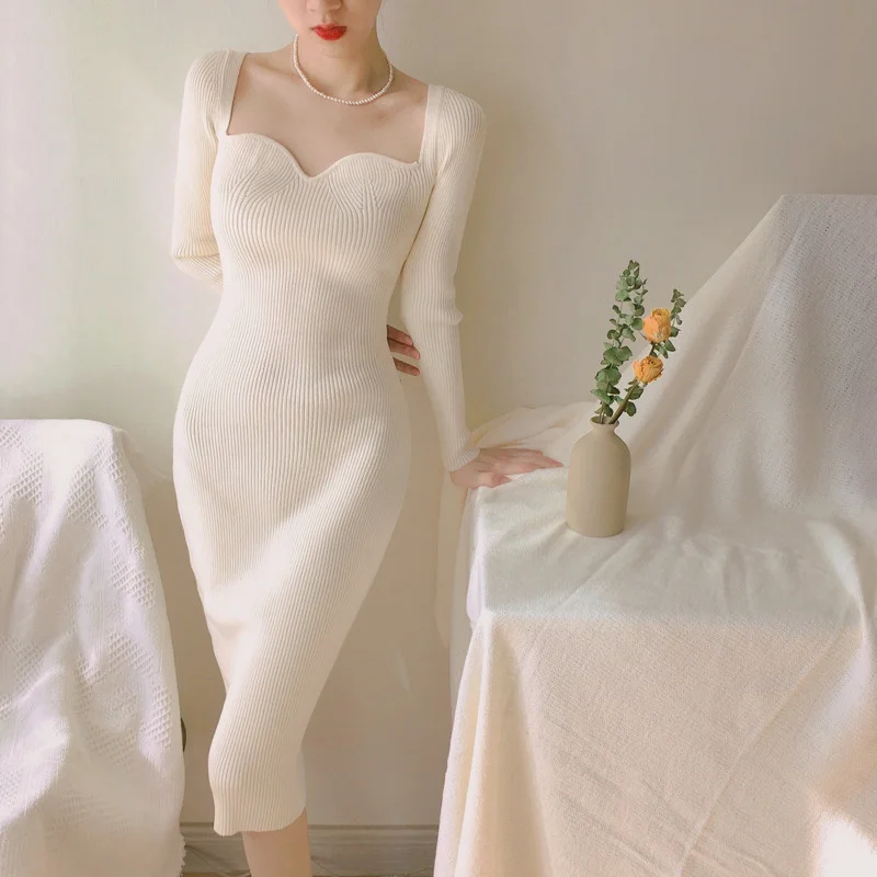 

French Style Vintage Dress Women Sexy Strapless Knitted Sheath Bodycon Dress Fall Fashion Casual Long Sleeve Sweater Robe Femme