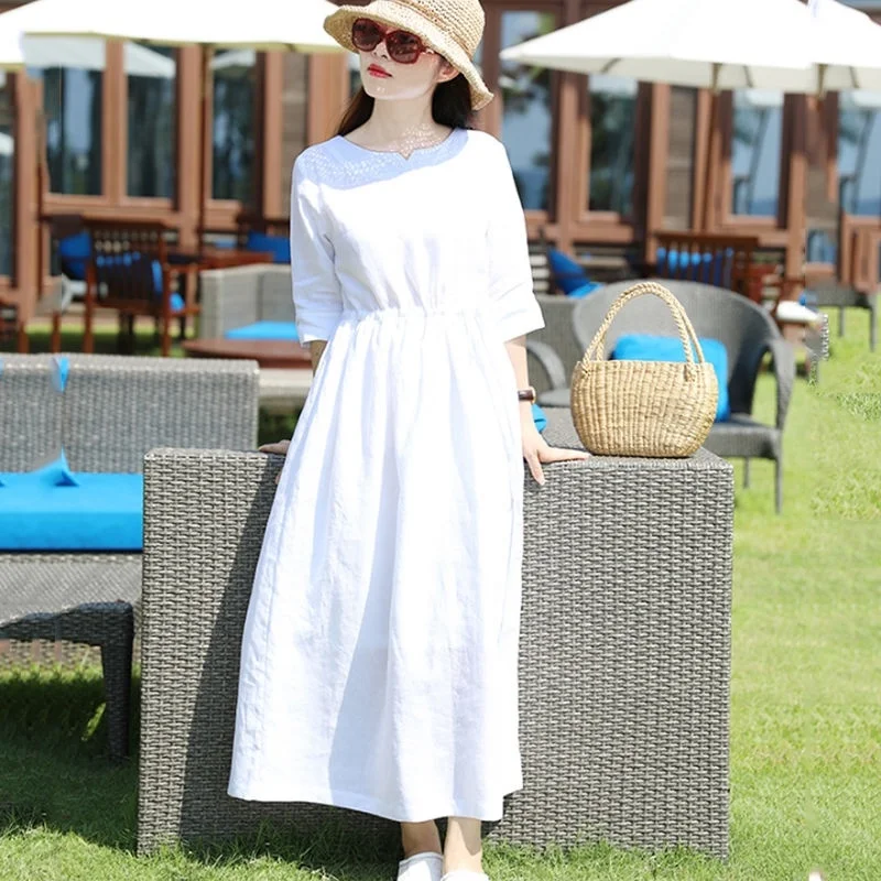 

2021Summer Dress Women White Casual Vacation Dresses Ladies V-Neck Dress Cotton Linen Seven Points Sleeves Women's A-line Skirt