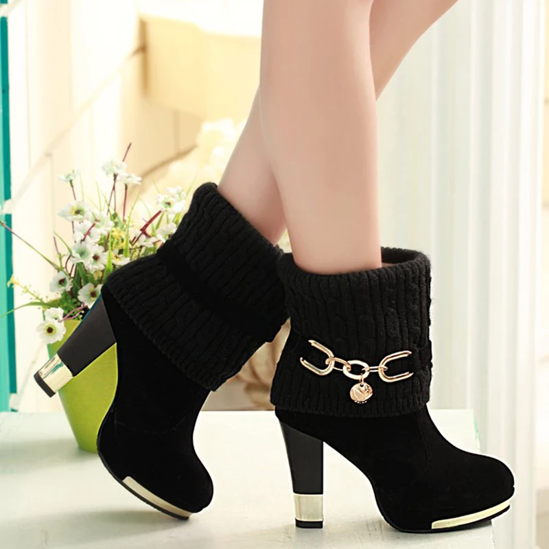 Зимняя обувь женские ботинки на высоком каблуке прочные черные красные